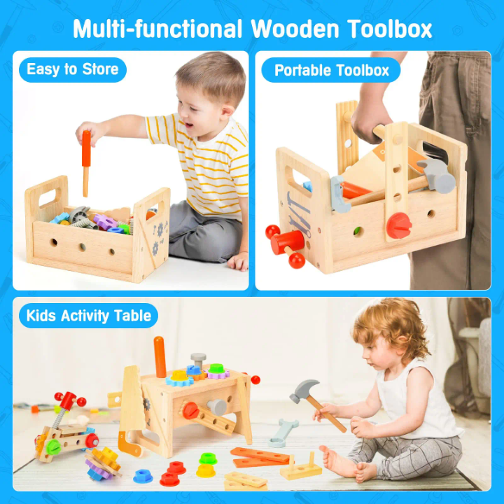 Multi-functional wooden toolbox with tools and a kids activity table on a blue background