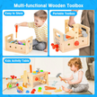 Multi-functional wooden toolbox with tools and a kids activity table on a blue background