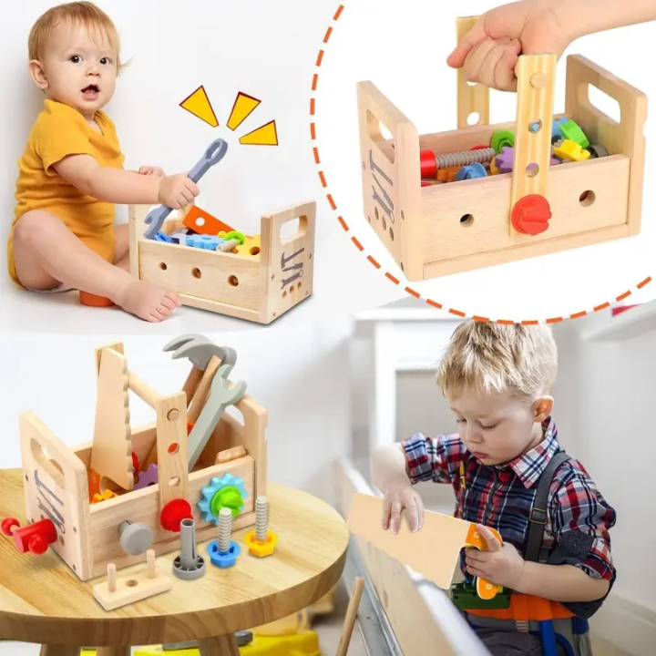 Children playing with a wooden tool box toy set.
