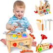 Toddler wooden tool workbench cabinet with hammer saw wrench screws and assembly pieces for Montessori-style carpenter pretend play
