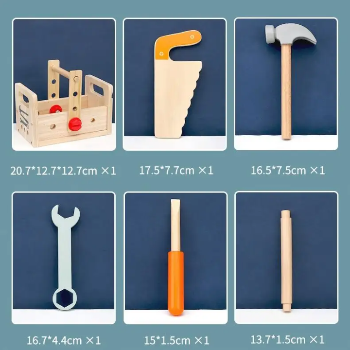 Set of toy tools including a toolbox, wrench, hammer, and more on a blue background with dimensions displayed.