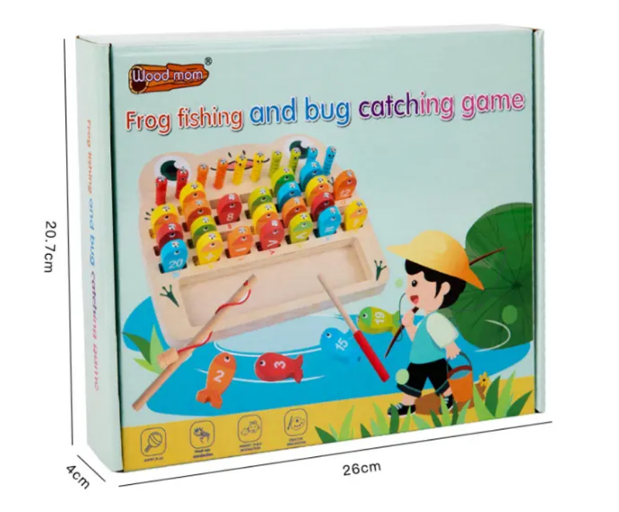 Wooden frog fishing and bug catching game for kids with colourful frogs, fishing rod and butterfly net for Montessori-style play