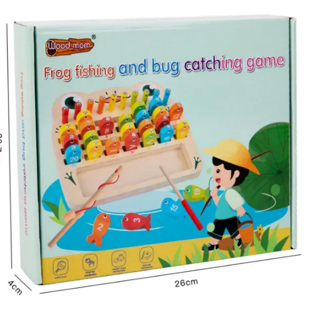 Wooden frog fishing and bug catching game for kids with colourful frogs, fishing rod and butterfly net for Montessori-style play