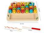Colorful wooden counting toy with measurement details on a white background