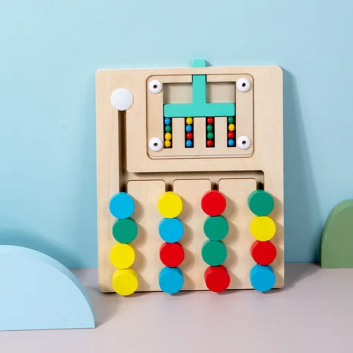 Wooden 4-Colour Sorting Slide Puzzle — Montessori Logic Board Endless Puzzle without Cards