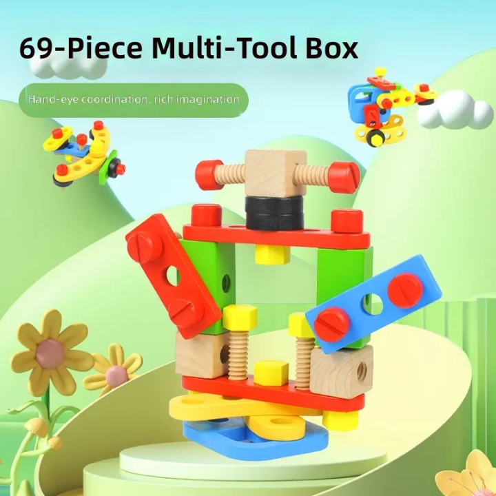 Wooden Tool Box Set — 69-Piece Carpenter & Builder Pretend Play Kit