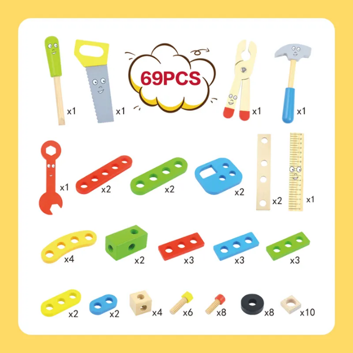 Wooden Tool Box Set — 69-Piece Carpenter & Builder Pretend Play Kit