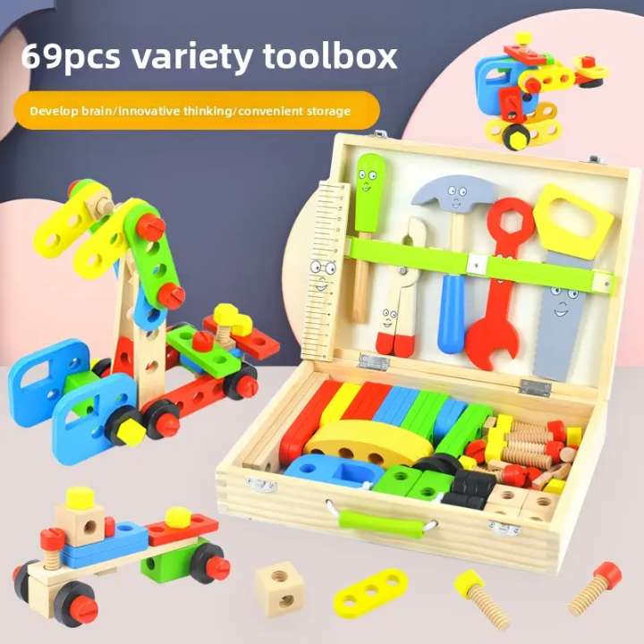 Wooden Tool Box Set — 69-Piece Carpenter & Builder Pretend Play Kit
