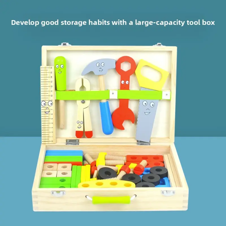 Wooden Tool Box Set — 69-Piece Carpenter & Builder Pretend Play Kit