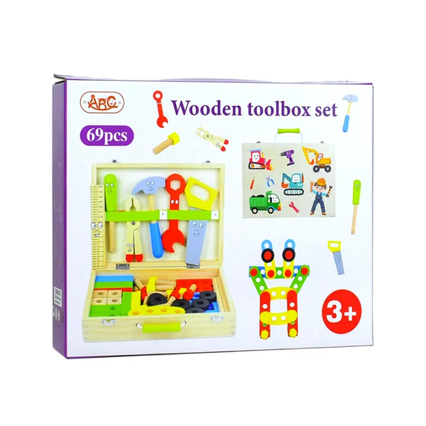 Wooden Tool Box Set — 69-Piece Carpenter & Builder Pretend Play Kit