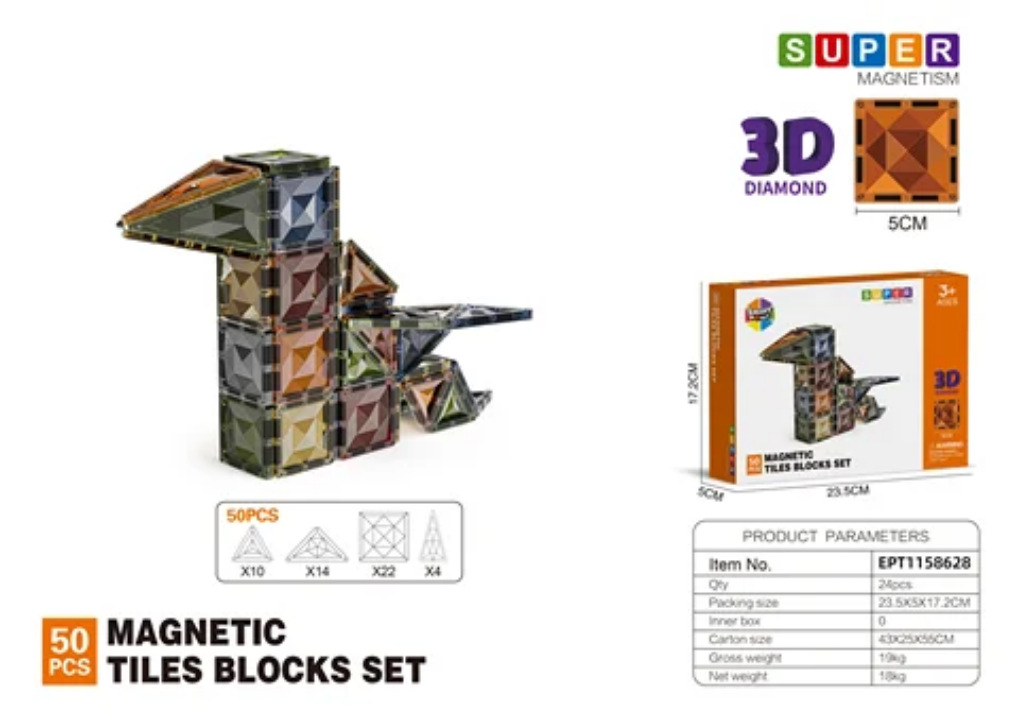 Magnetic tiles blocks set with building structure and packaging on a white background
