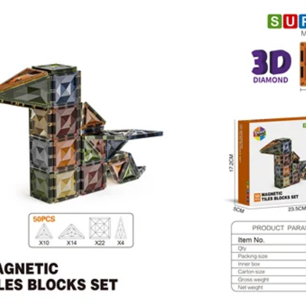 Magnetic tiles blocks set with building structure and packaging on a white background