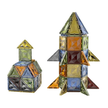 84-piece 3D diamond-cut magnetic tiles building blocks set with triangular and square pieces forming a rocket and castle for STEM play