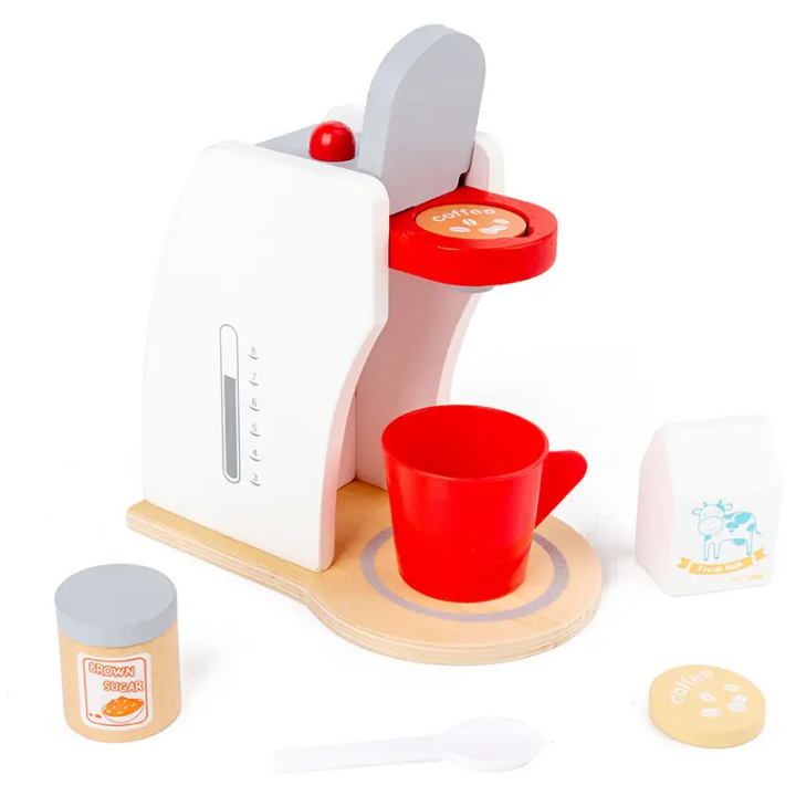Wooden coffee maker pretend play toy set with pink mug, milk carton, coffee pods, brown sugar jar and spoon for kids role play