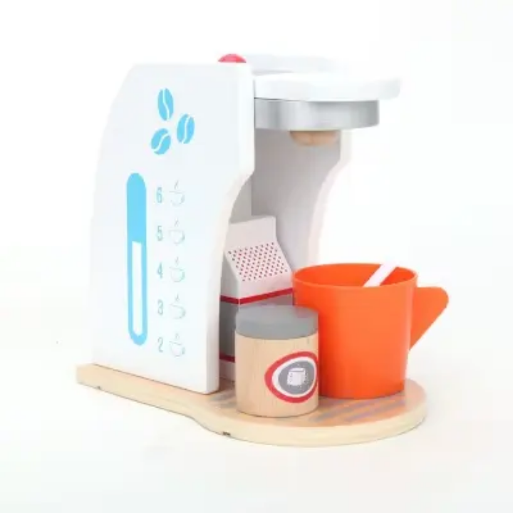 Children's toy coffee set with a white coffee machine, orange cup, and wooden tray on a white background.