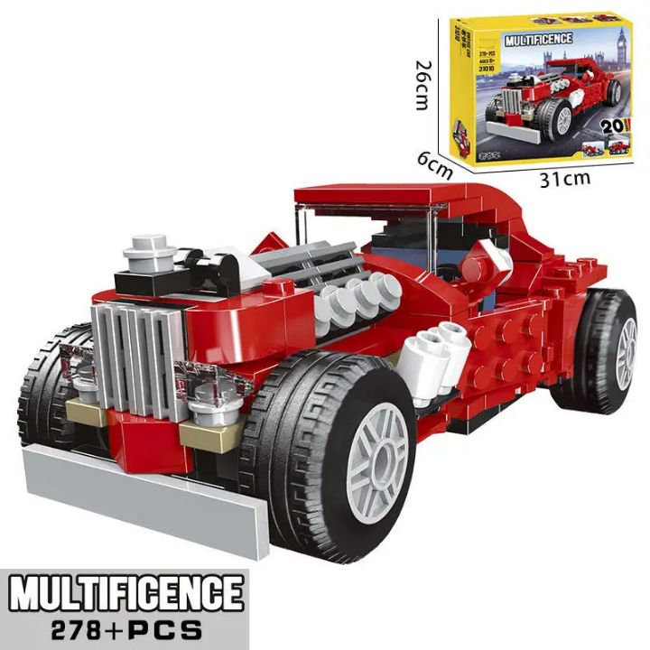 Multificence Vintage Car 20-in-1 building bricks set with 278 pieces featuring red classic hot-rod car and 19 other vehicle models for kids