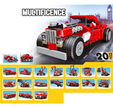 Red toy truck with multiple configurations on a cityscape background