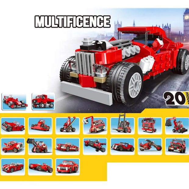Red toy truck with multiple configurations on a cityscape background