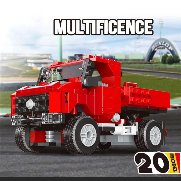 Red toy truck made of interlocking bricks on a blurred race track background with 'Multifice' branding.