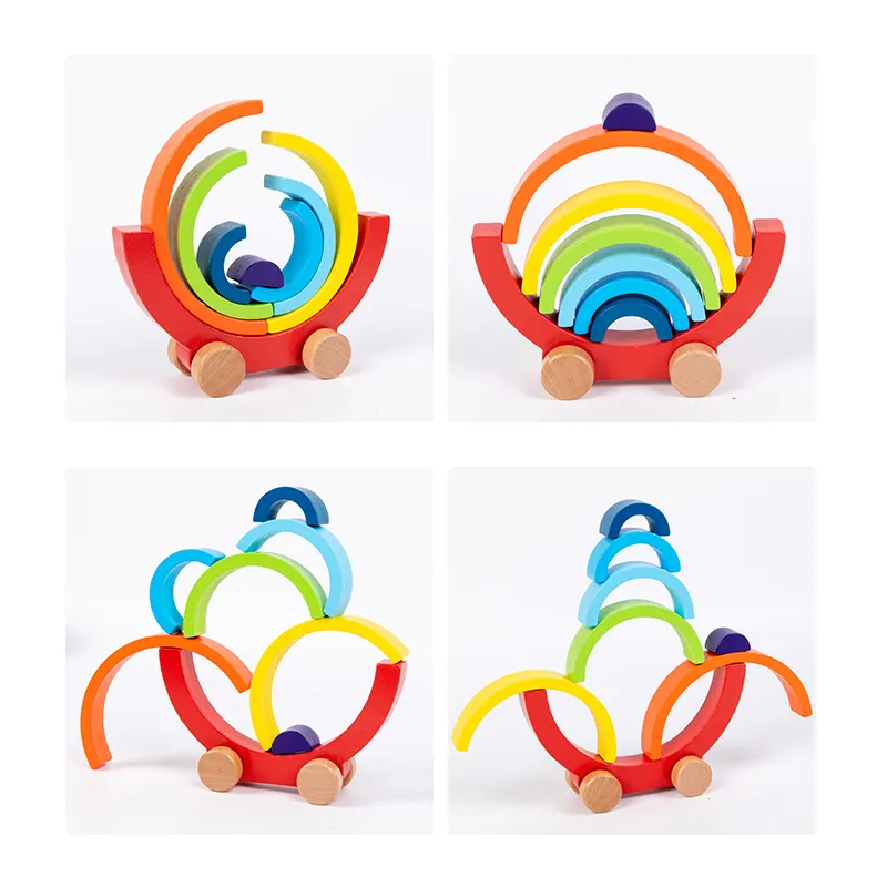 Wooden Rainbow Stacker Car — Push-Along & Nesting Arch Toy