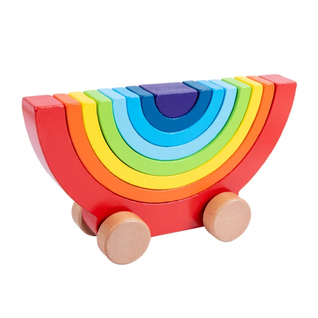 Wooden Rainbow Stacker Car — Push-Along & Nesting Arch Toy