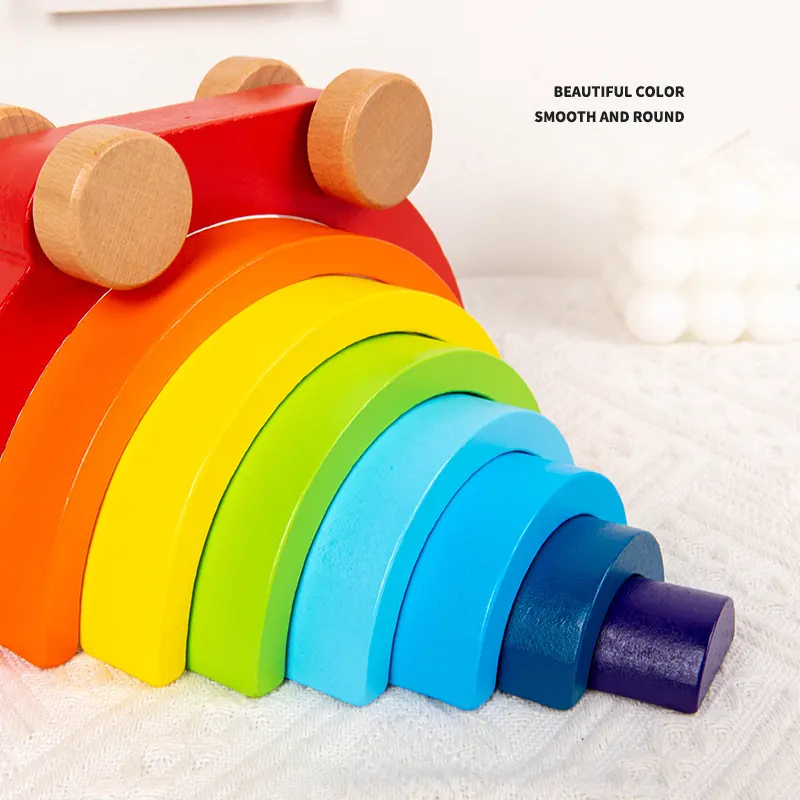Wooden Rainbow Stacker Car — Push-Along & Nesting Arch Toy