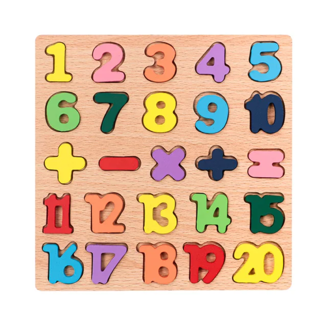 Wooden Number Puzzle Board — Numbers 1 to 20 with Maths Symbols