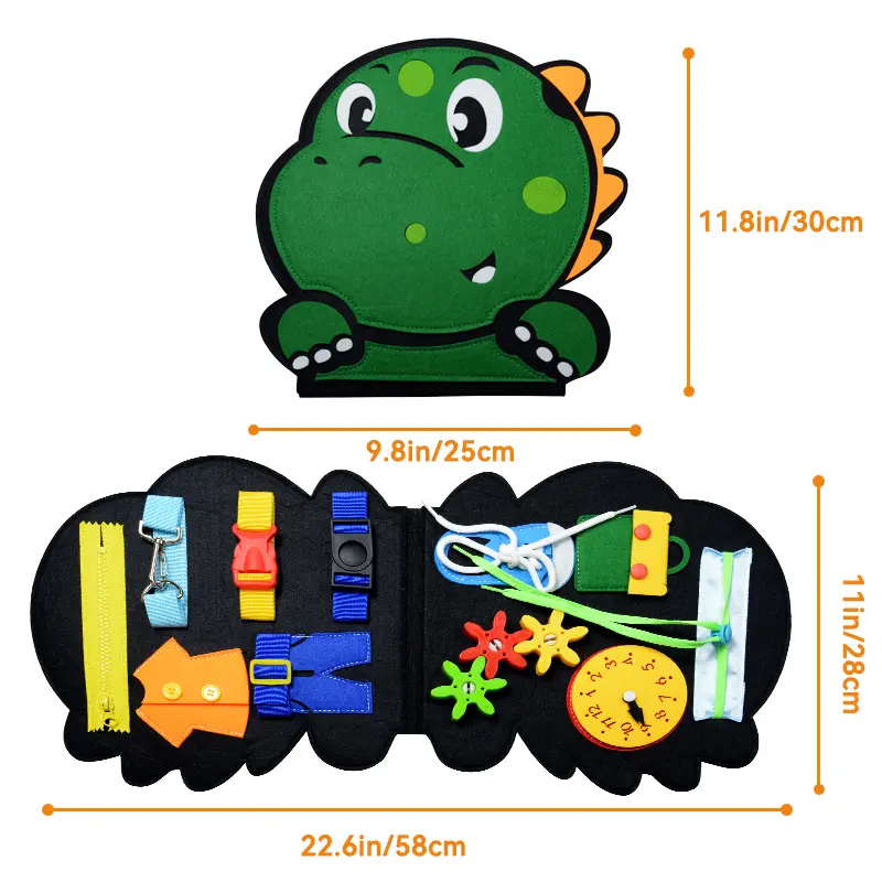 Dinosaur Busy Board — Montessori Buckle, Zip & Lace Activity Toy Book