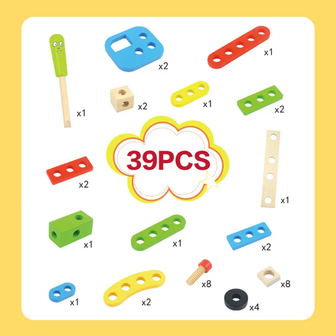 Wooden Versatile Nuts & Bolts Building Set — 39-Piece Construction ToolKit