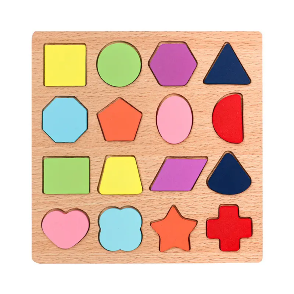Wooden Shape Puzzle Board — 16 Geometric Shapes Mini