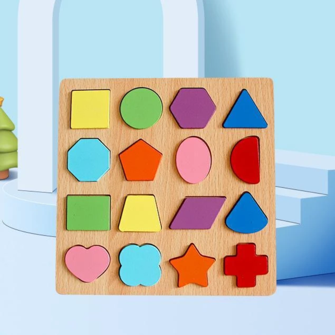 Wooden Shape Puzzle Board — 16 Geometric Shapes Mini