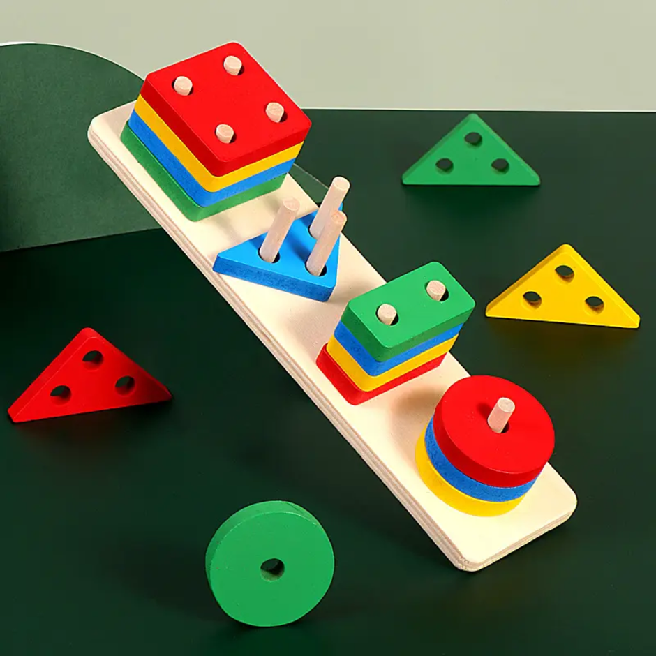 Wooden Shape Stacker — 4-Column Sorting & Counting Board