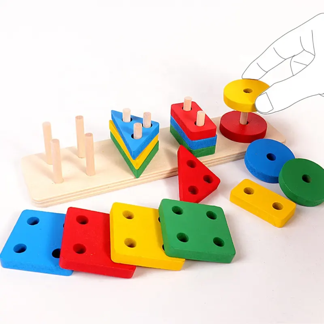 Wooden Shape Stacker — 4-Column Sorting & Counting Board