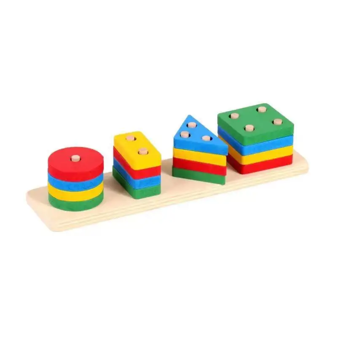 Wooden Shape Stacker — 4-Column Sorting & Counting Board