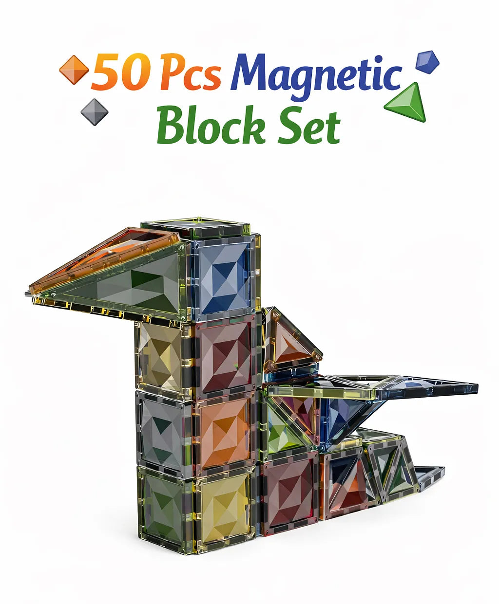 50-piece 3D diamond-cut magnetic tiles building blocks set with triangular and square pieces in jewel-tone colours for STEM play