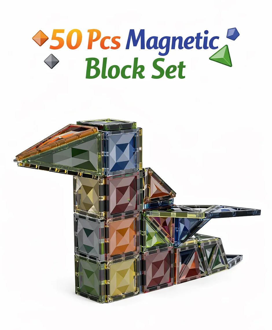 50-piece 3D diamond-cut magnetic tiles building blocks set with triangular and square pieces in jewel-tone colours for STEM play