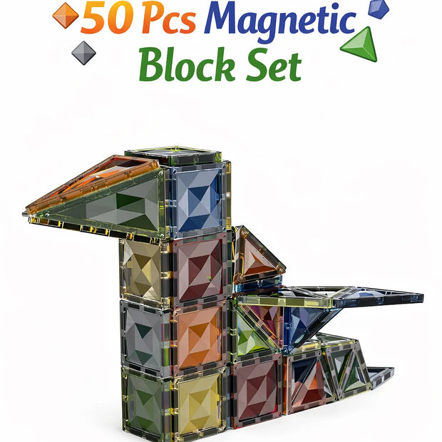 50-piece 3D diamond-cut magnetic tiles building blocks set with triangular and square pieces in jewel-tone colours for STEM play