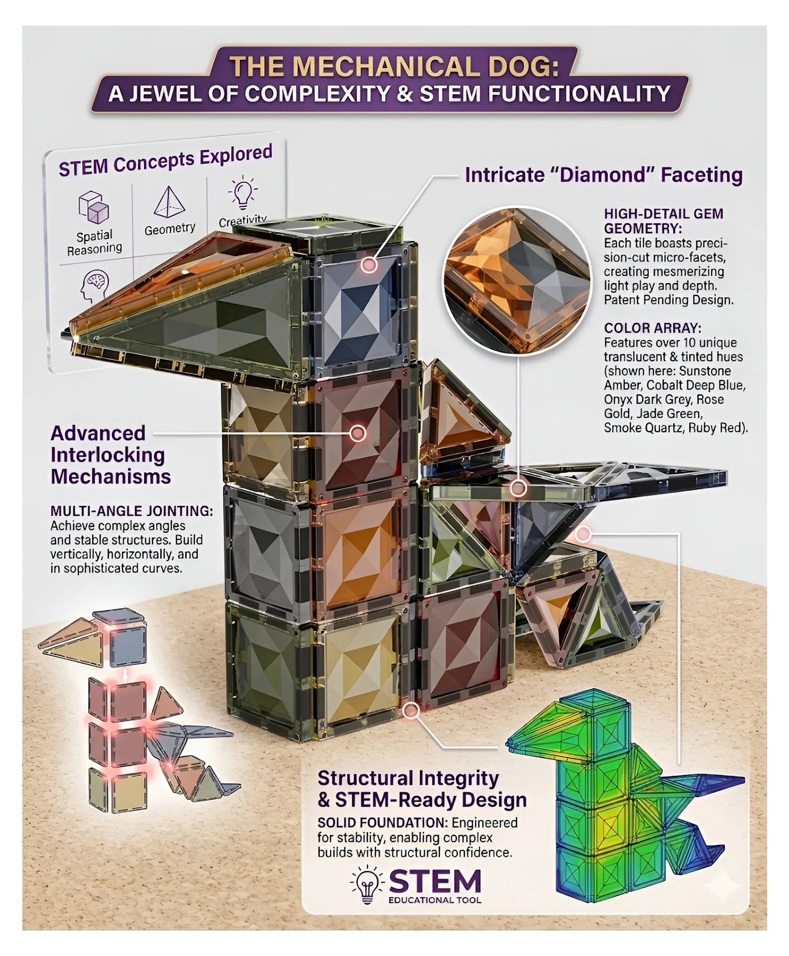 Mechanical dog building set with educational text about STEM concepts on a beige background