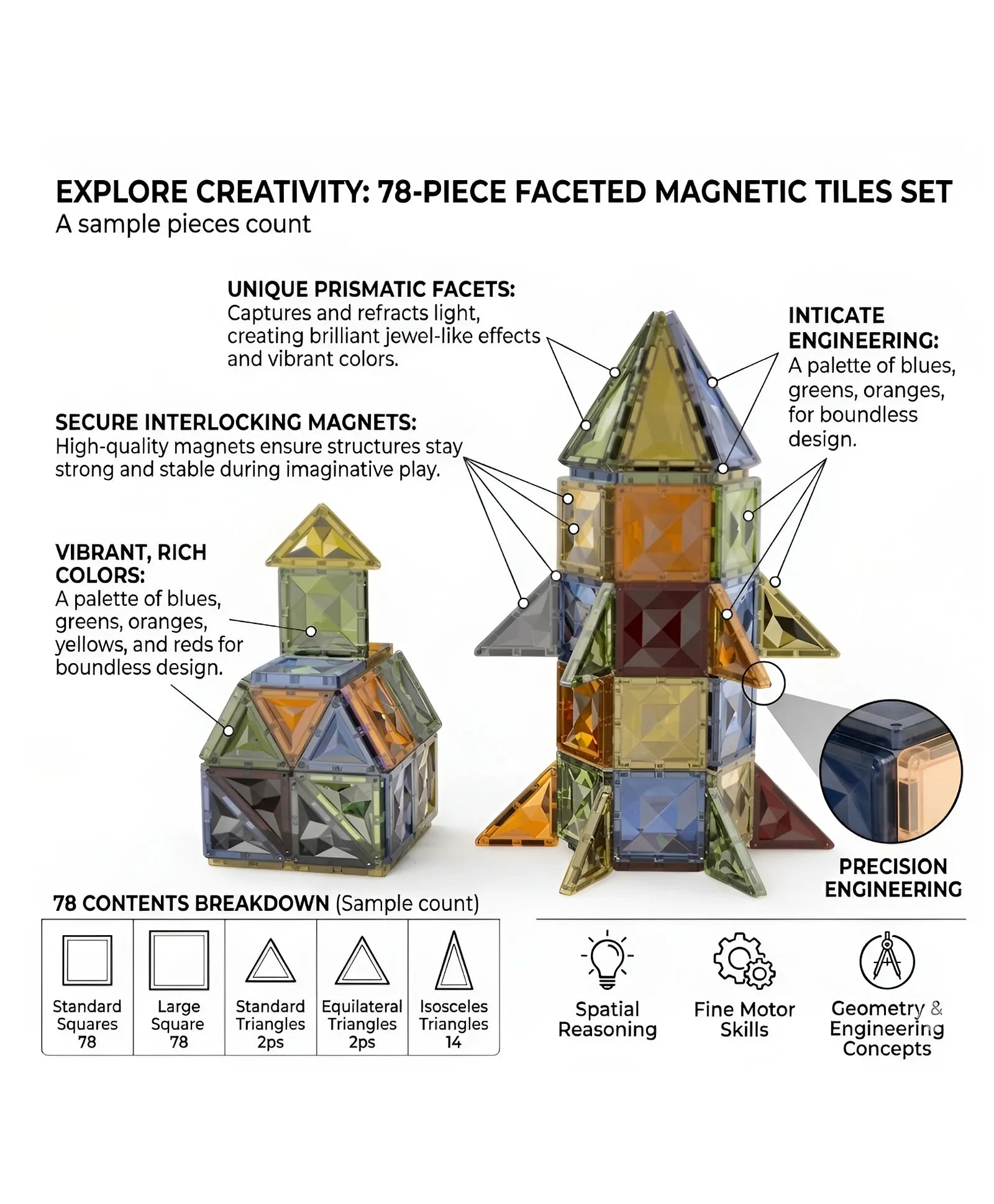 78-piece faceted magnetic tiles set with features and benefits on a white background