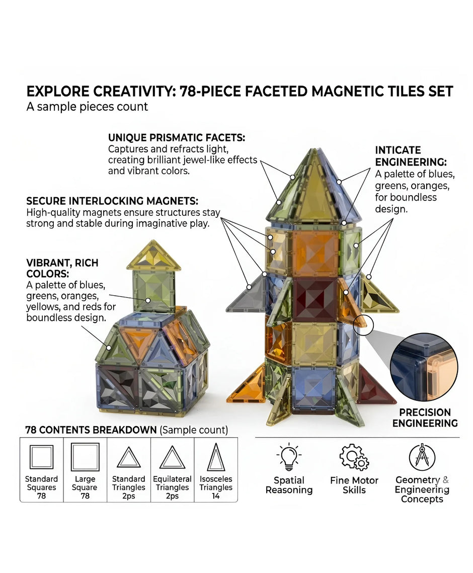 78-piece faceted magnetic tiles set with features and benefits on a white background