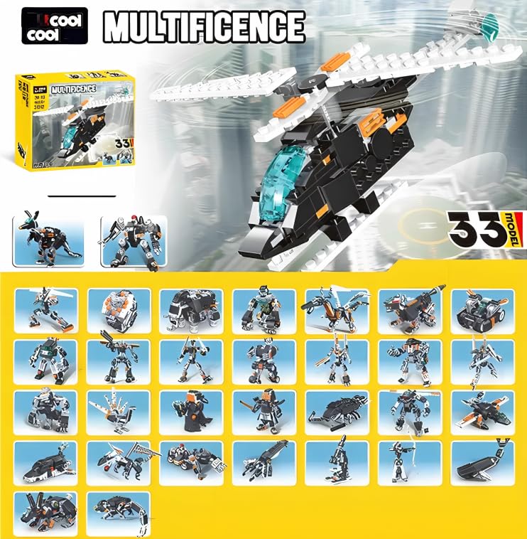 Multificence 33-in-1 building bricks set with 256 pieces showing helicopter and 32 smaller models including robots mechs and action figures