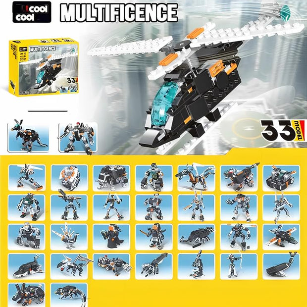 Multificence 33-in-1 building bricks set with 256 pieces showing helicopter and 32 smaller models including robots mechs and action figures