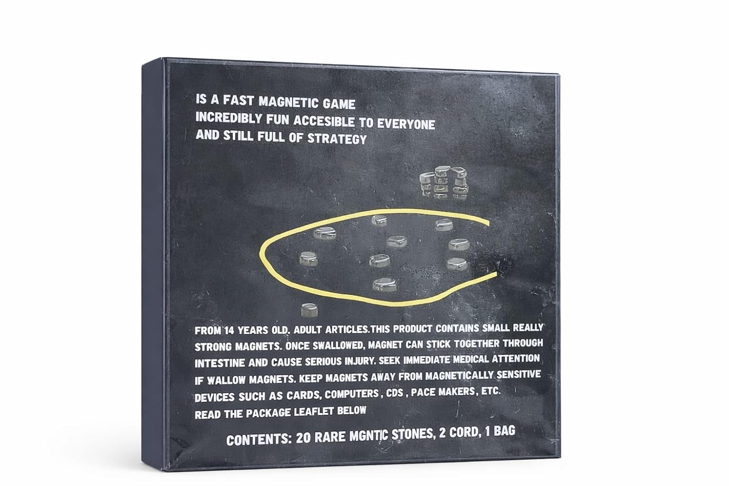Black box with text and a diagram of magnetic stones on a white background
