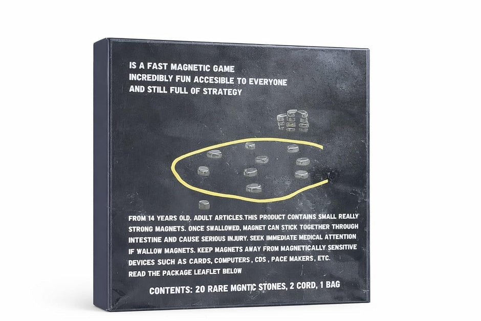 Black box with text and a diagram of magnetic stones on a white background