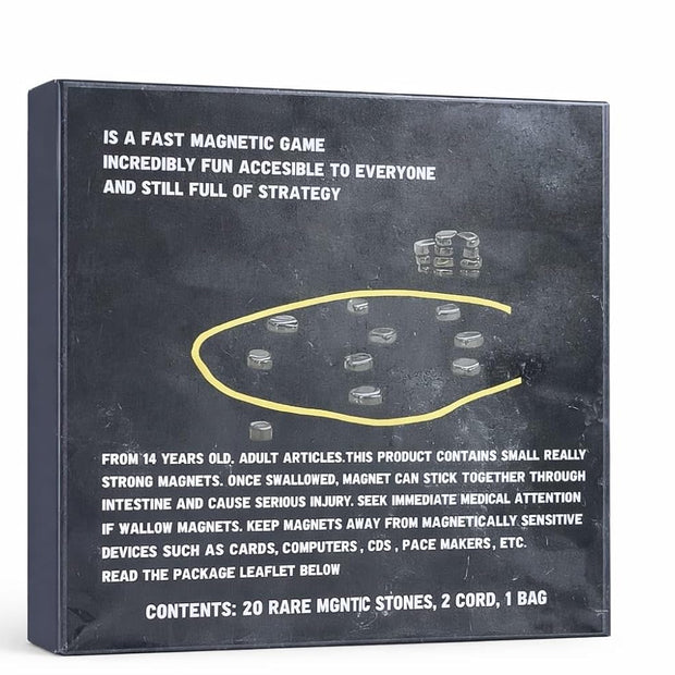 Black box with text and a diagram of magnetic stones on a white background