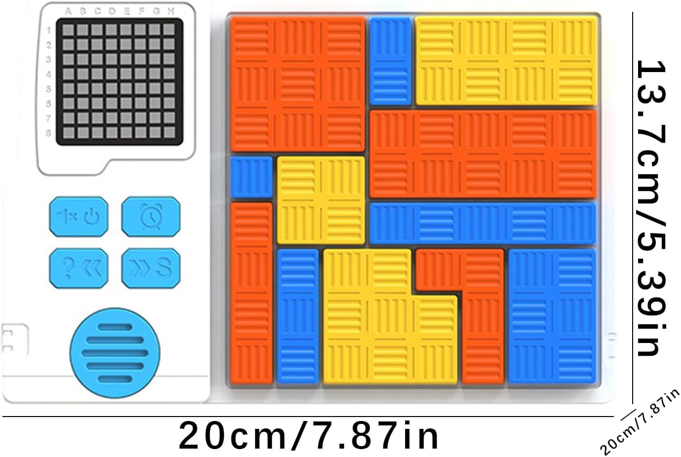 Logic block puzzle brain teaser game with red blue and yellow geometric pieces on grid board with challenge cards for kids
