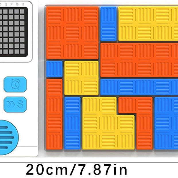 Logic block puzzle brain teaser game with red blue and yellow geometric pieces on grid board with challenge cards for kids