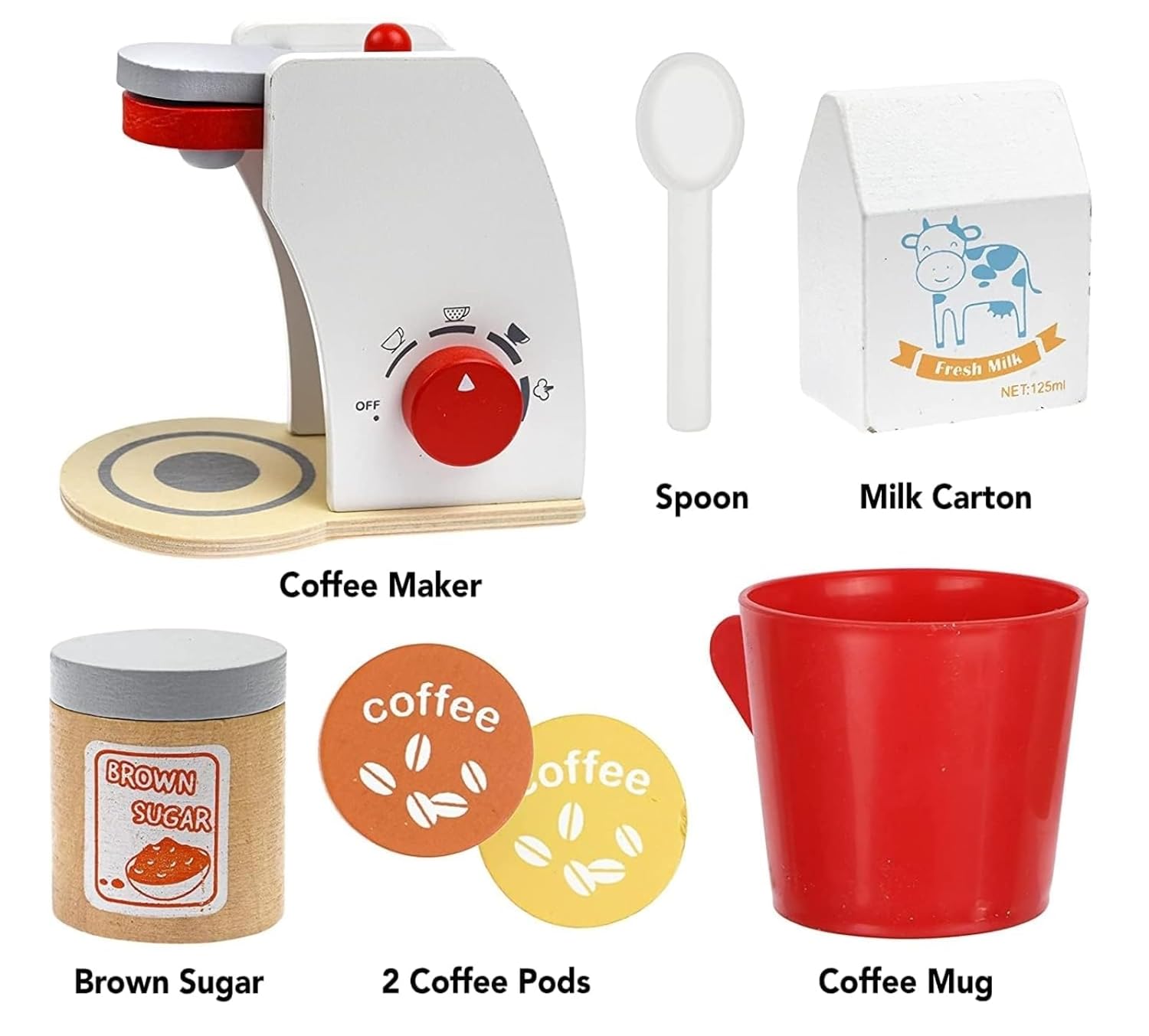 Collection of toy kitchen items including a coffee maker, brown sugar container, coffee pods, milk carton, spoon, and red mug on a white background.