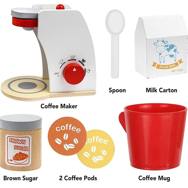 Collection of toy kitchen items including a coffee maker, brown sugar container, coffee pods, milk carton, spoon, and red mug on a white background.