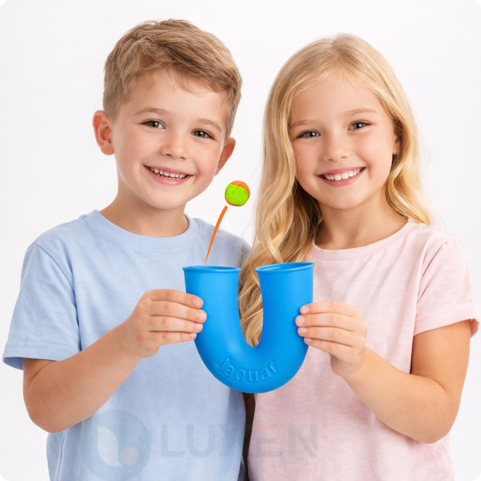Two children holding a blue cup with a green lollipop, on a white background